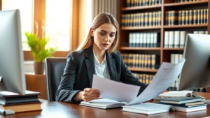 Professional female lawyer in business suit reviewing legal documents at wooden desk with law books and computer in modern law office, natural lighting from window, serious focused expression