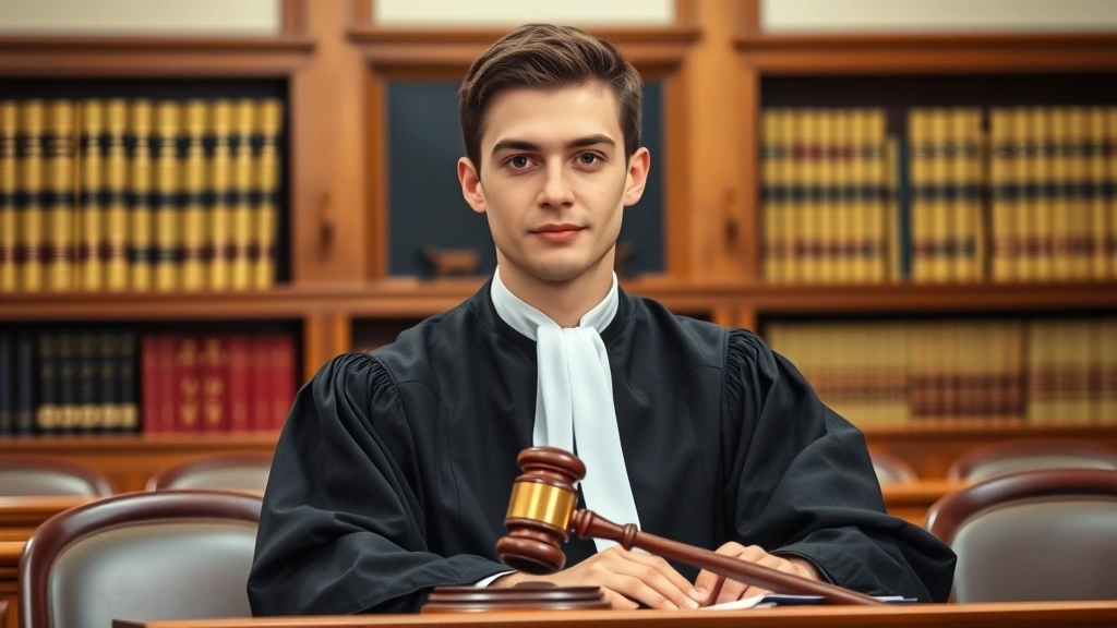 Young male judge in black robe at bench with gavel, judicial chambers background with legal texts visible, professional formal setting with proper lighting