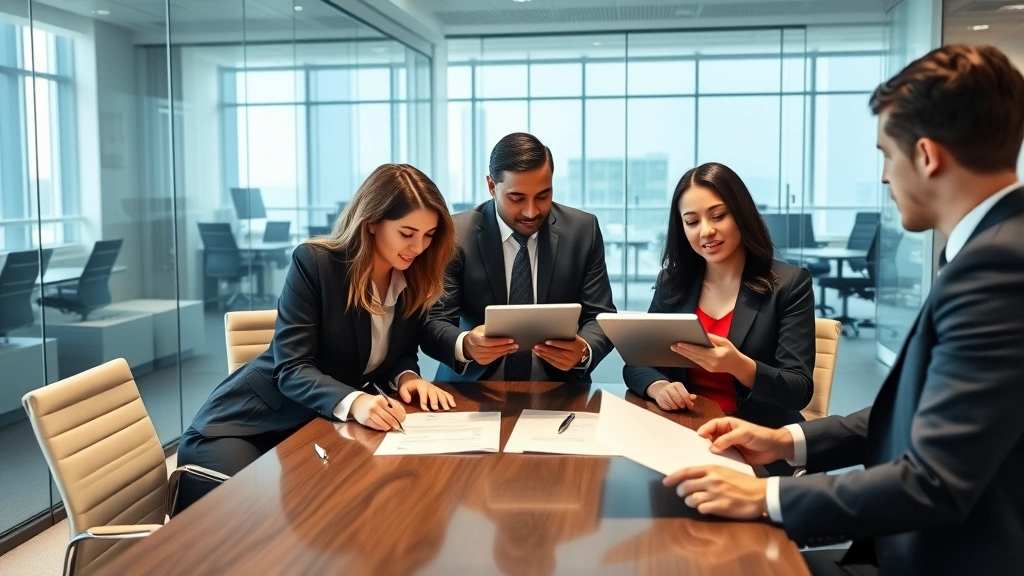 Diverse group of three attorneys in business professional attire having discussion in modern law office conference room with glass walls, reviewing digital documents on tablet, collaborative professional environment