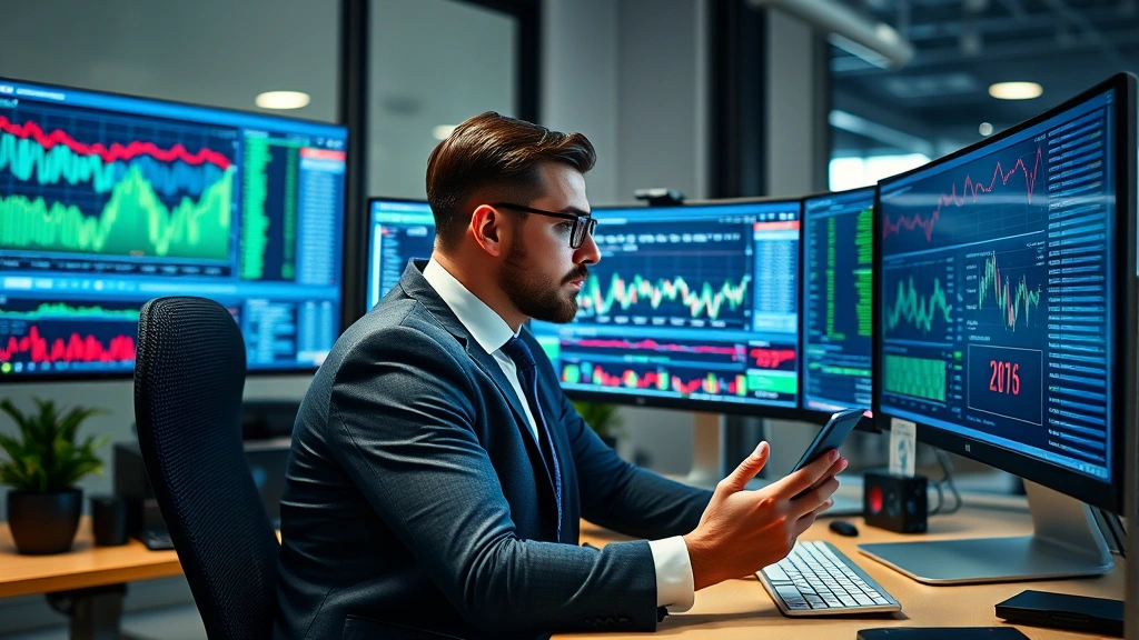 Professional digital asset manager reviewing virtual economy data on multiple screens in modern office, serious focused expression, contemporary workspace