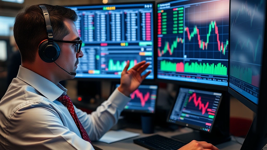 Financial trader analyzing market charts and economic trends on sophisticated trading platform interface, professional attire, concentrated workspace