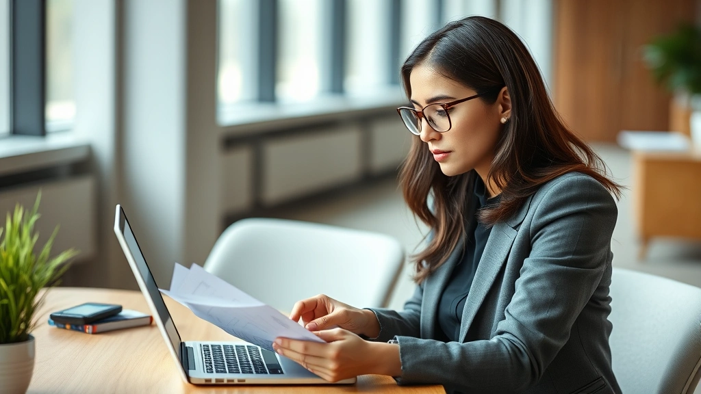 Professional woman reviewing law school documents and calculator data on laptop in modern office setting, focused expression, natural lighting, no visible text on screen