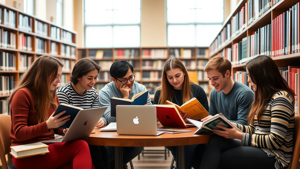 Diverse group of law students studying together in university library with books and laptops, collaborative atmosphere, warm ambient lighting, no visible document text