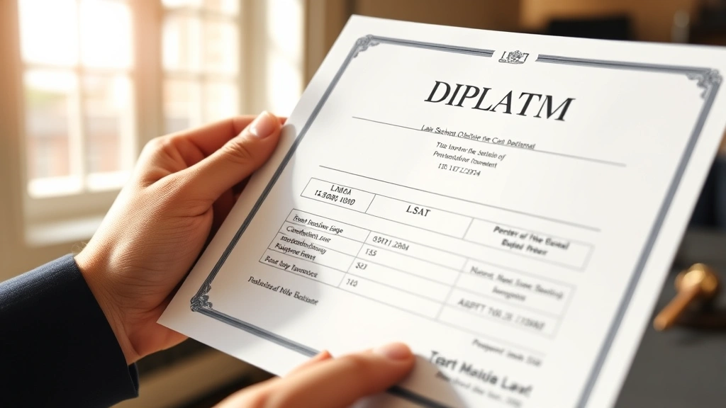Close-up of hands holding diploma and LSAT score report in sunlit room, representing law school achievement and credentials, no visible personal information or text details