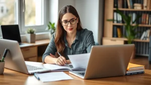 Professional woman studying at desk with LSAT prep materials and laptop, focused expression, natural lighting, modern home office setting, no documents visible