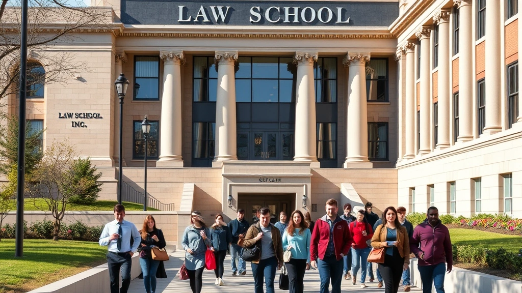 Law school campus exterior with students walking on pathway, prestigious building architecture, diverse group of students, daytime, professional atmosphere