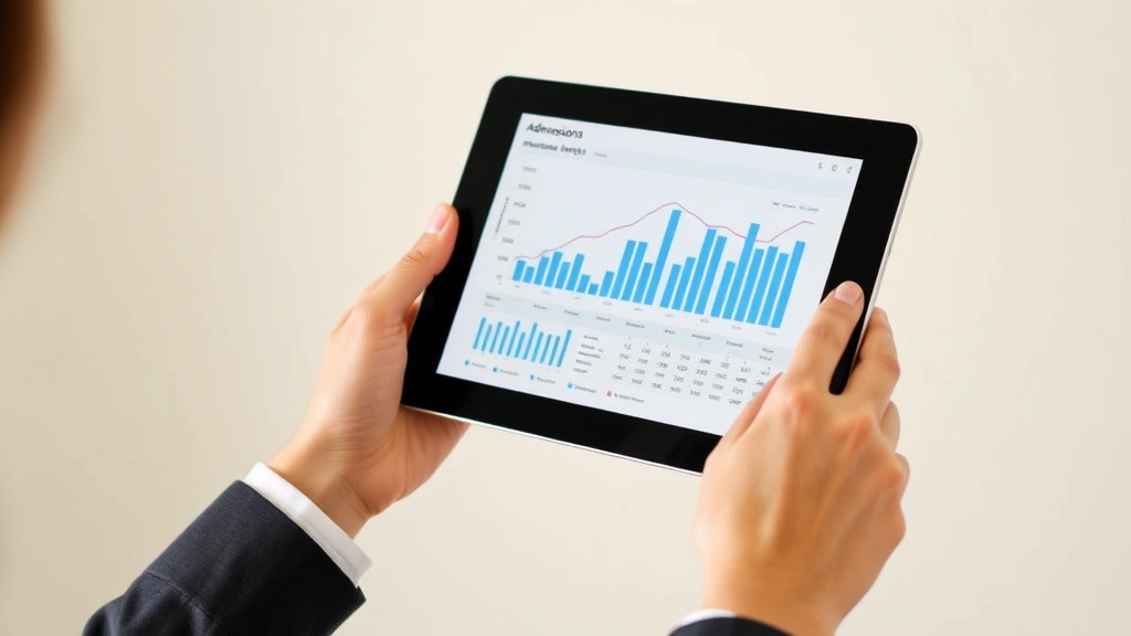 Close-up of hands holding tablet showing graph/chart interface, representing data analysis and admissions metrics, professional context, neutral background