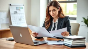 Professional woman in business attire reviewing documents at wooden desk with laptop, organized calendar visible, natural office lighting, focused expression