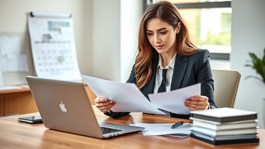 Professional woman in business attire reviewing documents at wooden desk with laptop, organized calendar visible, natural office lighting, focused expression