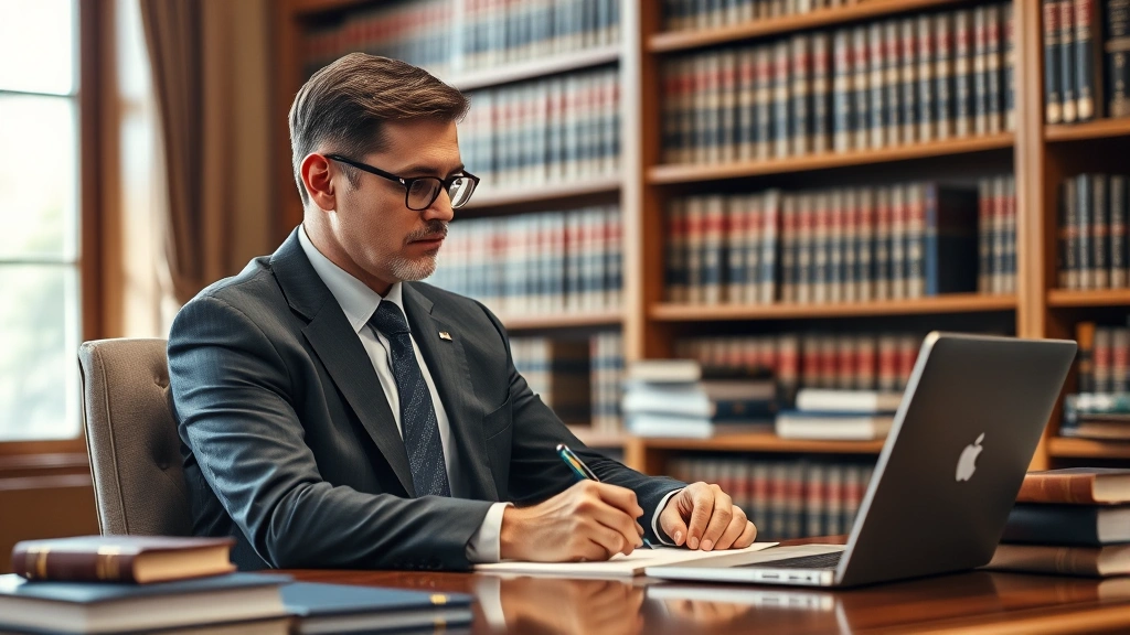 Male attorney in suit sitting at law library desk surrounded by legal books and laptop, writing notes, professional concentrated demeanor, warm lighting
