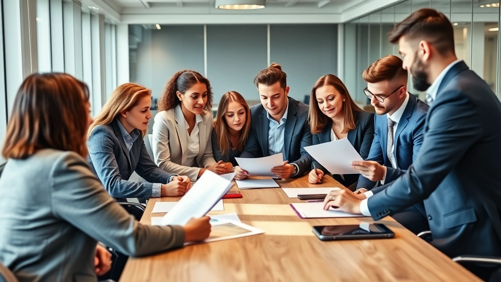 Diverse group of young professionals in business casual clothing reviewing papers together at modern conference table, collaborative discussion, bright contemporary office setting