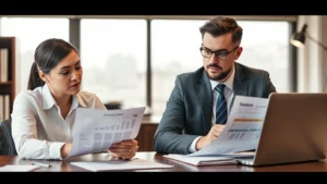 Professional financial advisor reviewing budget spreadsheets and loan documents with prospective law student at desk with laptop, warm office lighting, serious concentrated expressions