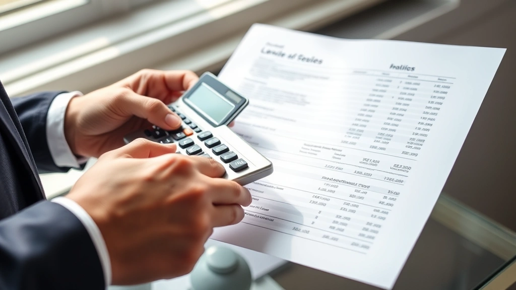 Close-up of hands holding calculator and reviewing detailed financial statements and law school cost breakdown documents, natural window light, professional attire