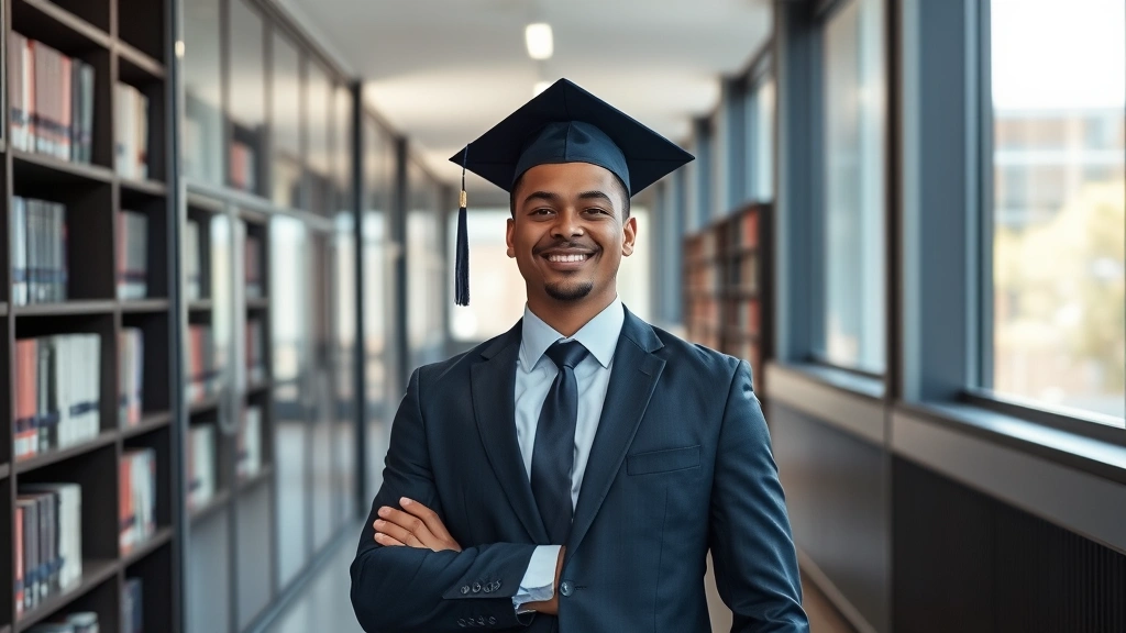 Graduate in professional business suit standing confidently in modern law office corridor with glass walls and bookshelves, natural lighting, successful professional appearance