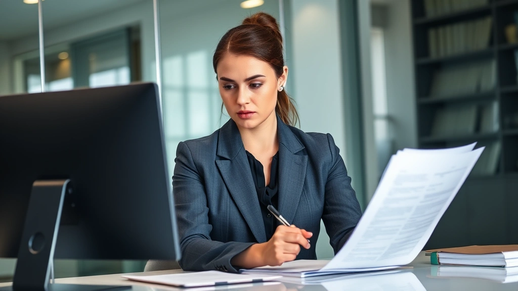 Professional female lawyer reviewing documents at modern office desk with computer, serious focused expression, contemporary law office background