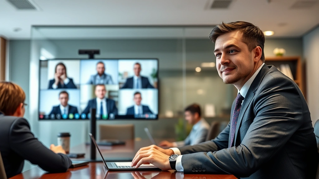 Male attorney in business suit sitting at conference table during video call with colleagues, professional virtual meeting setting, law office environment