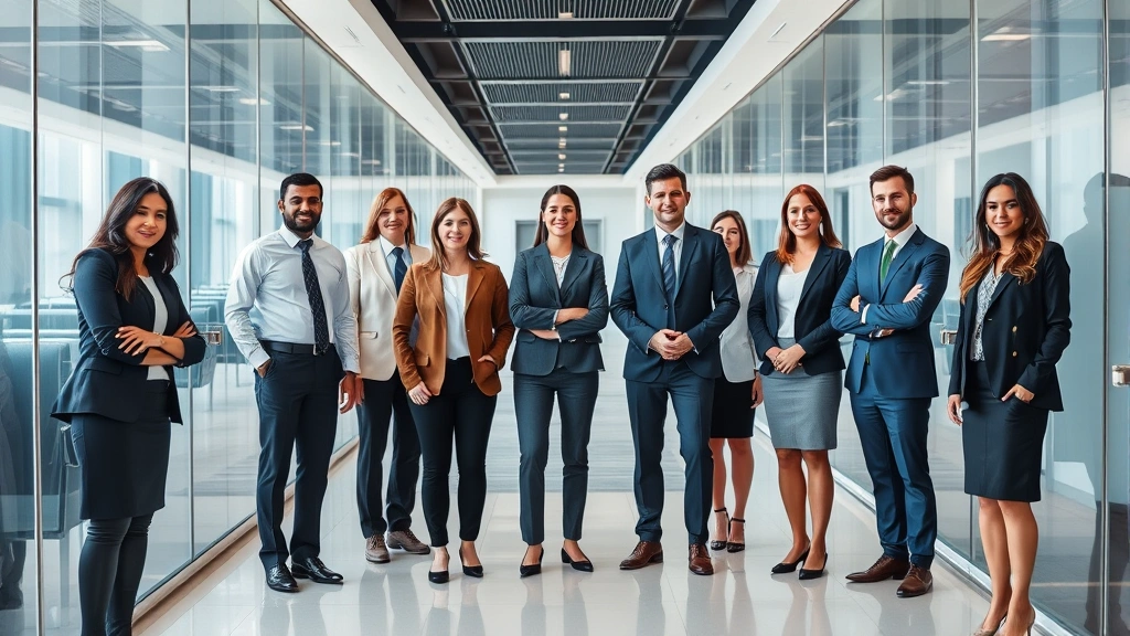 Diverse group of law professionals in business attire standing in modern office hallway with glass walls, collaborative professional atmosphere, contemporary workplace