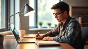 Professional young adult writing at desk with laptop and notepad, warm office lighting, focused expression, natural window light, modern workspace aesthetic