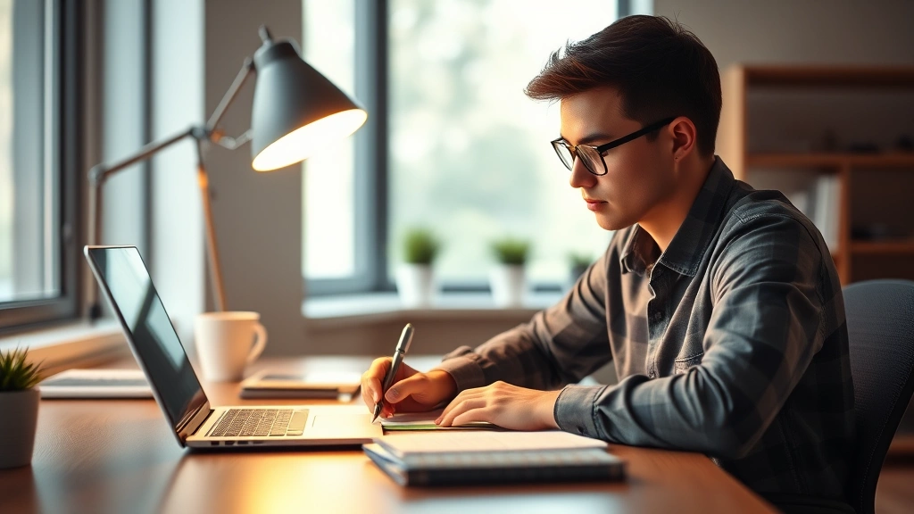 Professional young adult writing at desk with laptop and notepad, warm office lighting, focused expression, natural window light, modern workspace aesthetic