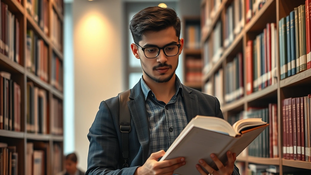 Law student or young professional in modern library surrounded by law books, reading and taking notes, concentrated expression, warm professional lighting, academic environment