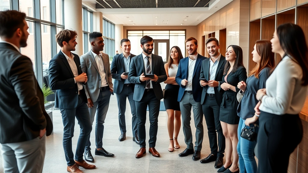 Diverse group of young professionals in casual business attire having meaningful conversation in modern law office lobby, engaged discussion, natural lighting, collaborative atmosphere