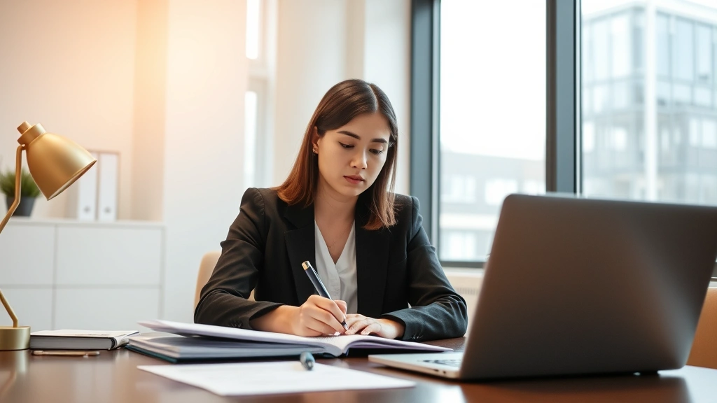 Professional law student writing at desk with laptop and legal documents, focused expression, modern office environment, natural lighting from window