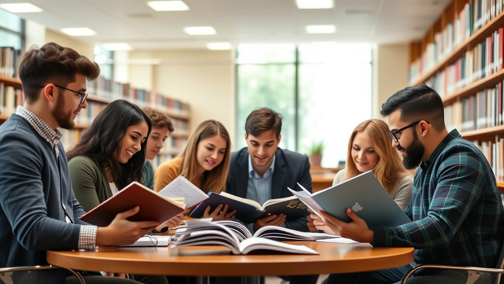 Diverse group of law school students in library studying together, reviewing case materials, collaborative learning environment, warm professional atmosphere
