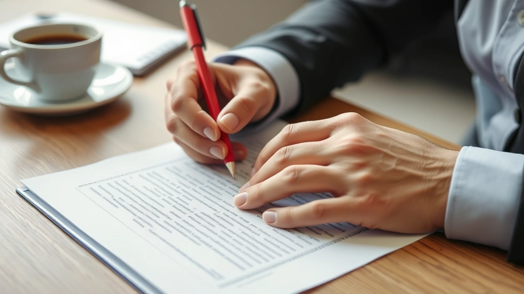 Close-up of hands reviewing typed personal statement document with red pen edits, revision process, professional workspace with coffee