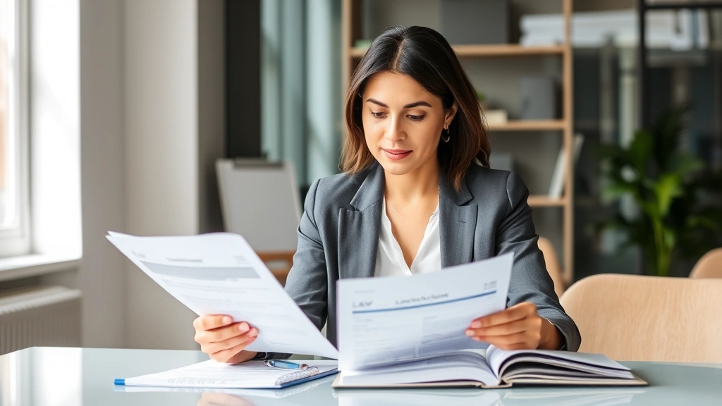 Professional woman in business attire reviewing law school application materials at a desk with notepad and pen, confident expression, modern office setting, natural lighting