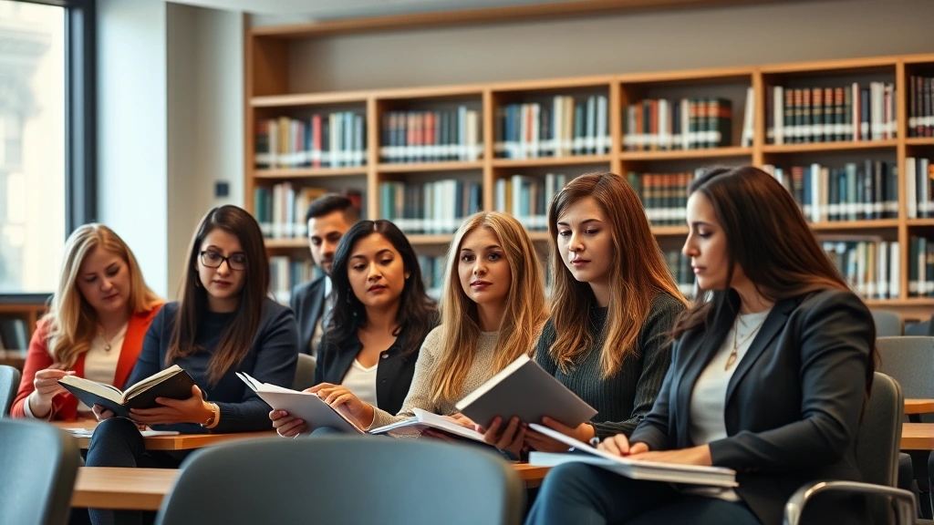 Diverse group of law students engaged in classroom discussion, taking notes, focused expressions, contemporary law school classroom with bookshelves, warm professional atmosphere