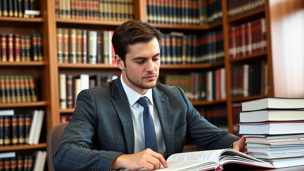 Male professional in suit preparing for bar exam, studying legal materials at library desk, concentrated expression, surrounded by legal reference books, professional academic environment