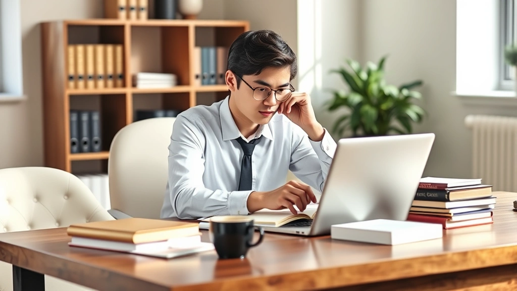 Professional law student studying at wooden desk with laptop, legal textbooks, and coffee cup, focused expression, natural office lighting, clean organized workspace