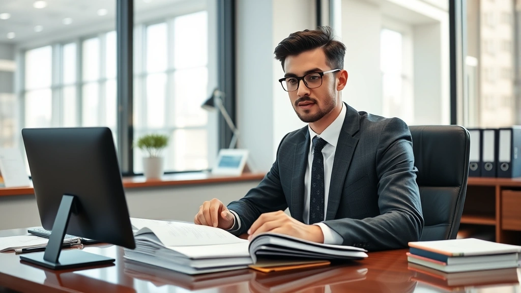 Young lawyer in business attire reviewing case files at modern law office desk, professional environment, natural window lighting, confident demeanor, paperwork organized