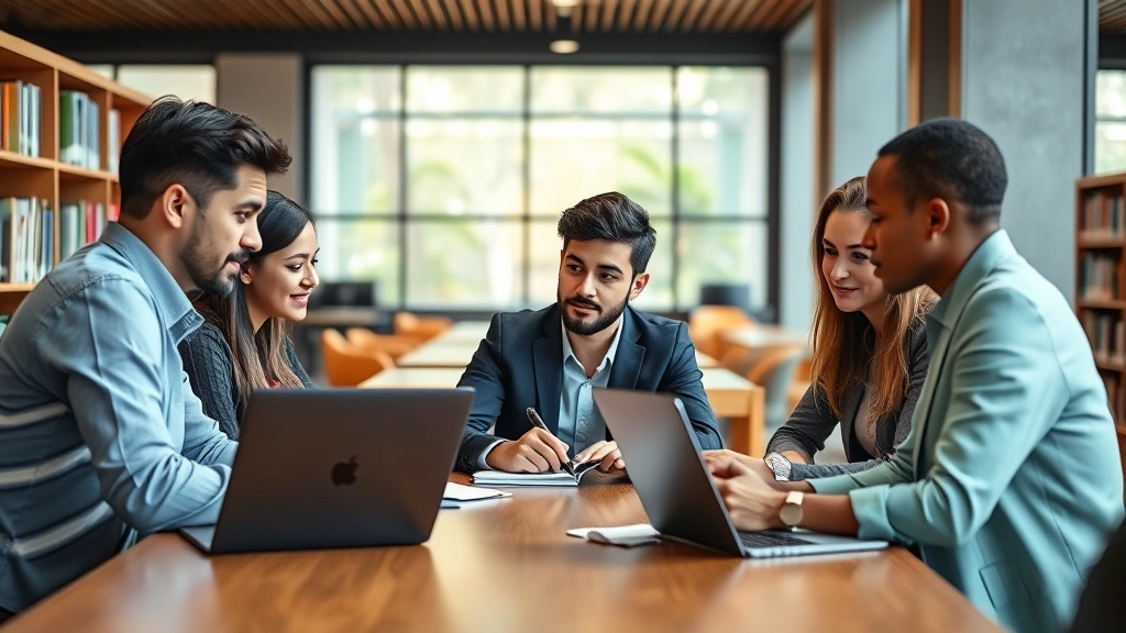 Group of diverse law students collaborating at library table with laptops and notes, engaged discussion, academic setting, natural lighting, professional casual attire