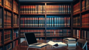 Professional law library with organized shelves of legal reference books, study desk with laptop and notepad, warm lighting reflecting academic excellence and legal scholarship