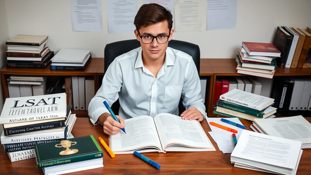 Focused law student at desk surrounded by LSAT preparation materials, textbooks, highlighters, and study notes, demonstrating dedicated test preparation and academic commitment