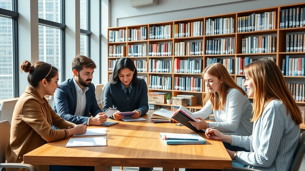 Diverse group of law students collaborating in modern law school library, studying case materials and discussing legal concepts at wooden table with natural lighting
