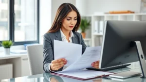 Professional woman in business attire reviewing resume at modern desk with computer, organized office environment, natural lighting, focused expression