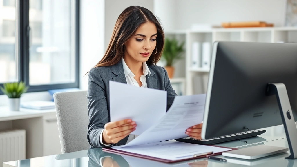 Professional woman in business attire reviewing resume at modern desk with computer, organized office environment, natural lighting, focused expression