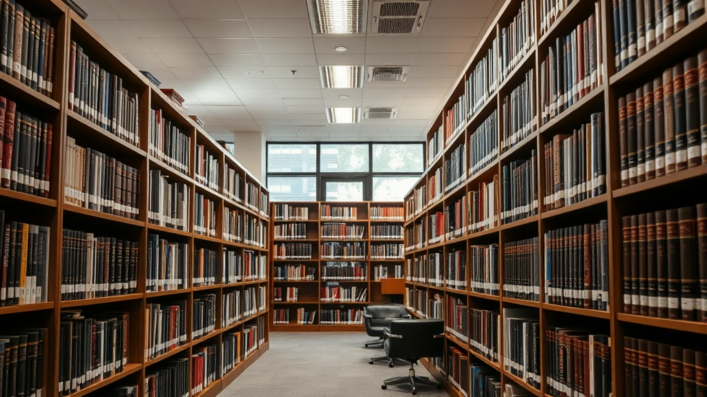 Law library interior with shelves of legal books, professional workspace, modern and traditional legal resources visible, neutral professional atmosphere