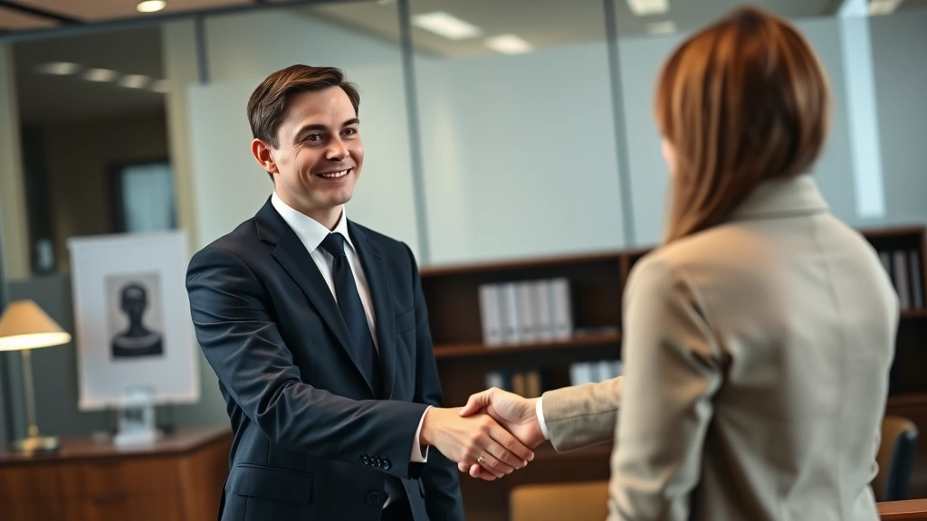 Young professional in business suit shaking hands with interviewer in law office, confident posture, formal legal setting, contemporary office background