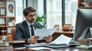 Professional attorney in business attire reviewing documents at an organized desk with law books and computer, focused and meticulous, natural office lighting, photorealistic