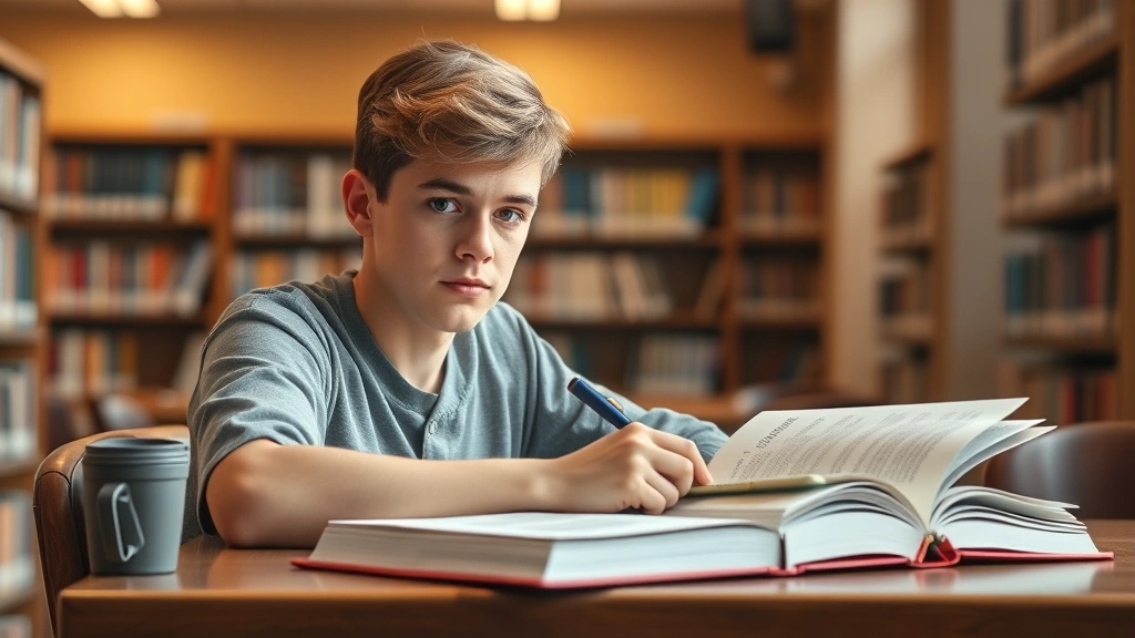 Law school student studying at library desk with open textbooks and notebook, concentrated expression, natural library setting with warm lighting, photorealistic