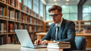 Professional law student studying at library desk with laptop and law books, natural lighting, focused expression, modern academic setting