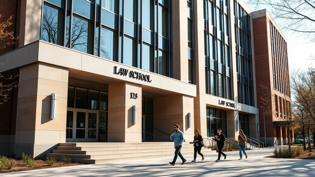 Professional law school building exterior with modern architecture, students walking on campus grounds, natural lighting, professional educational environment