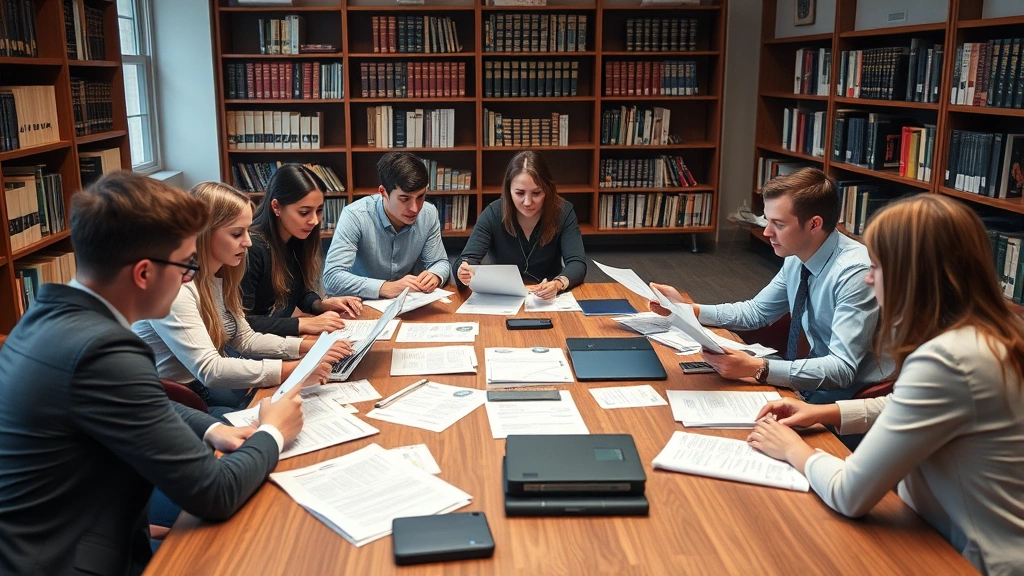 Diverse group of law students in study room reviewing documents and materials together at large table, focused concentration, collaborative learning atmosphere