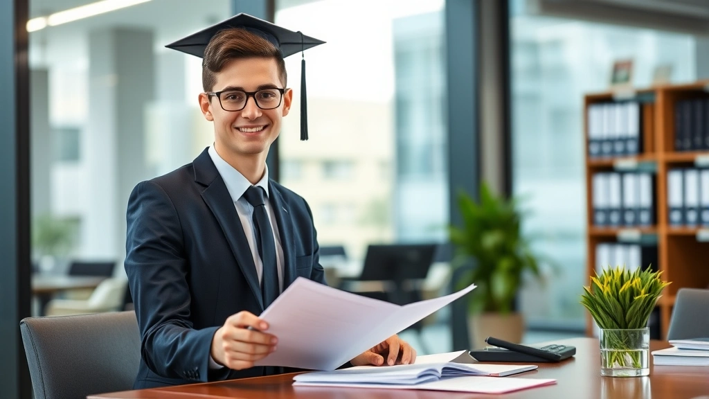 Law graduate in professional business attire in modern office setting, reviewing legal documents and taking notes at desk, confident professional appearance