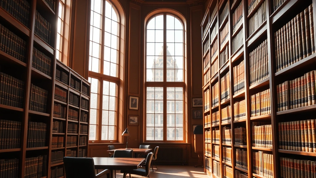 Professional law library with mahogany bookshelves, leather-bound law books, and natural sunlight streaming through tall windows, showing modern law school study environment