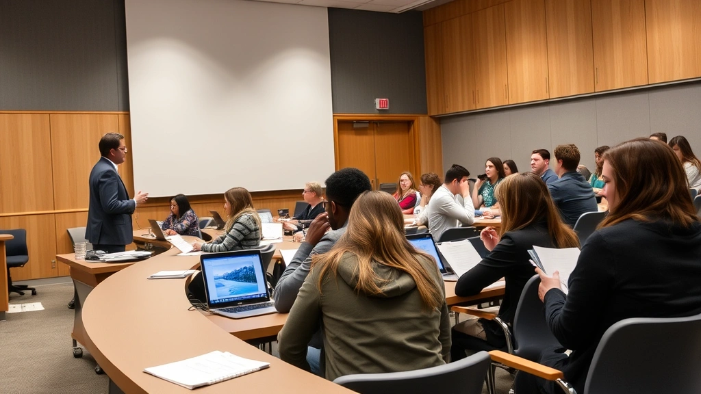 Law school classroom with students taking notes during lecture, professor teaching at front, modern furniture and technology, collaborative learning atmosphere