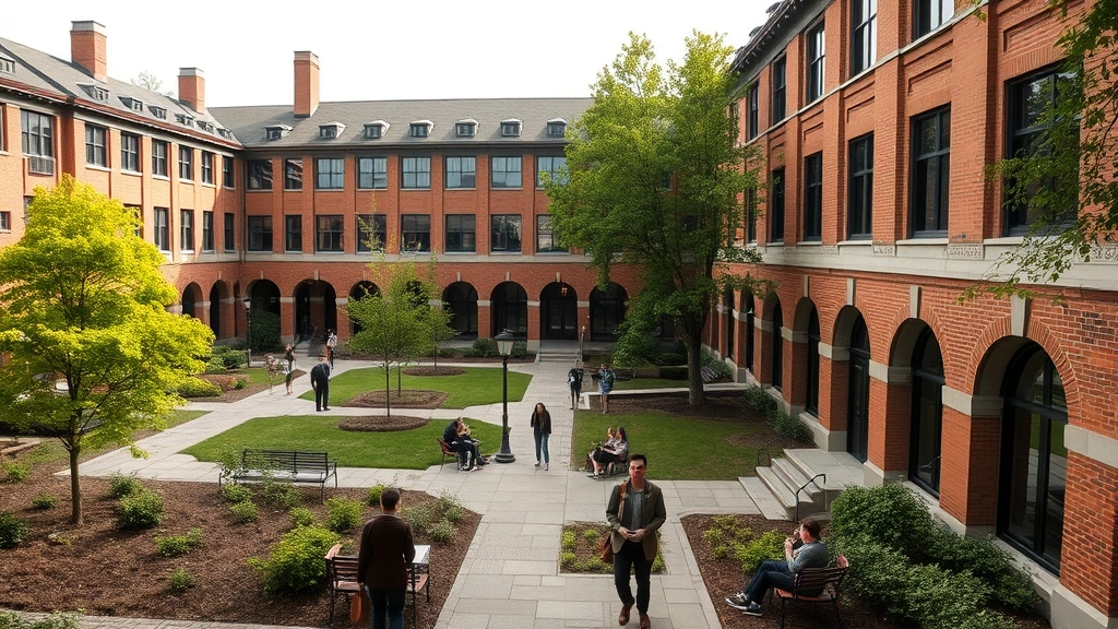 Campus courtyard of prestigious law school with students studying, walking between buildings, green spaces, professional and academic environment